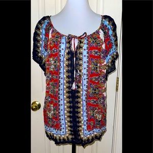 💙♦️Bila- Short Sleeve, Navy, Red and Turquoise Blouse♦️💙